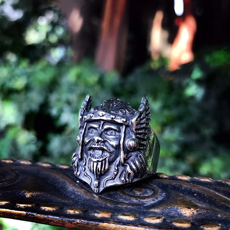 Gothic Odin Ring Front Oblique Metal Background - Matte Black Silver Viking Jewelry