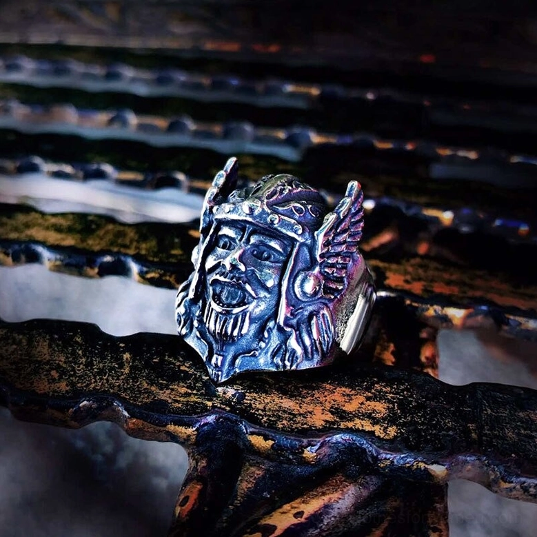 Odin Head Nordic Ring Oblique Side View - Blue-Toned Vintage Silver Metal Texture
