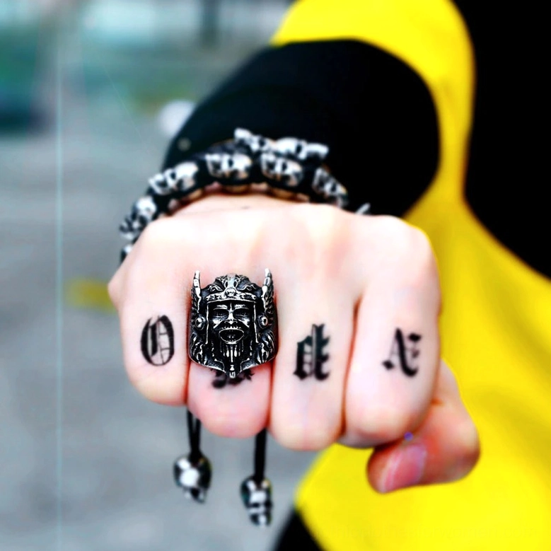 Odin Viking Ring Worn on Hand - Front View with Punk Style Bracelets Stainless Steel