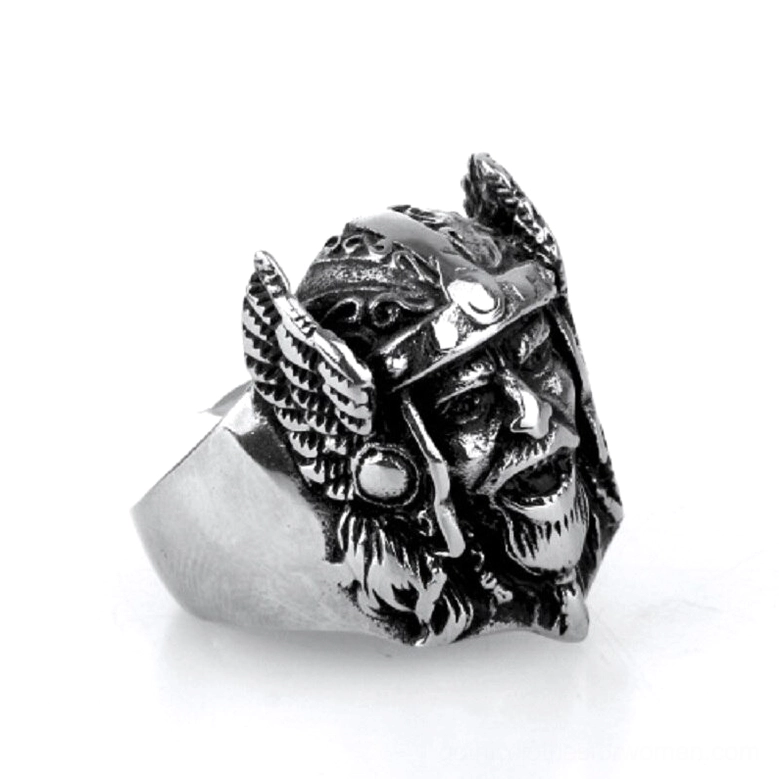 Gothic Viking Odin Ring Left Oblique Front - Vintage Silver Stainless Steel Finish