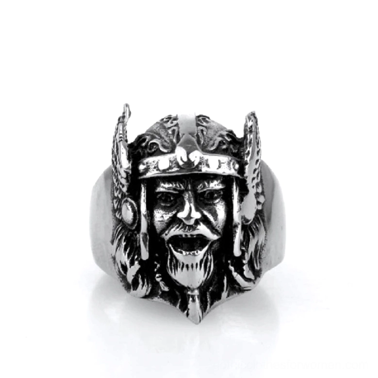 Gothic Odin Head Ring Front View - Detailed Carved Warrior Facial Features Stainless Steel