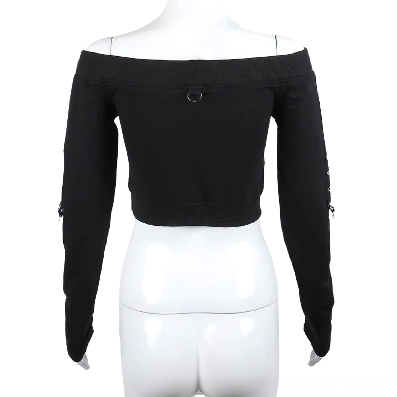 black off-shoulder crop top back view D-ring neckline detail