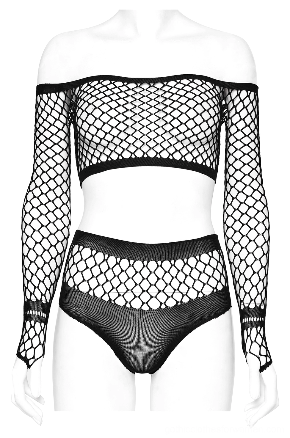 Off-shoulder fishnet crop top and high-waisted briefs gothic set - front view on display