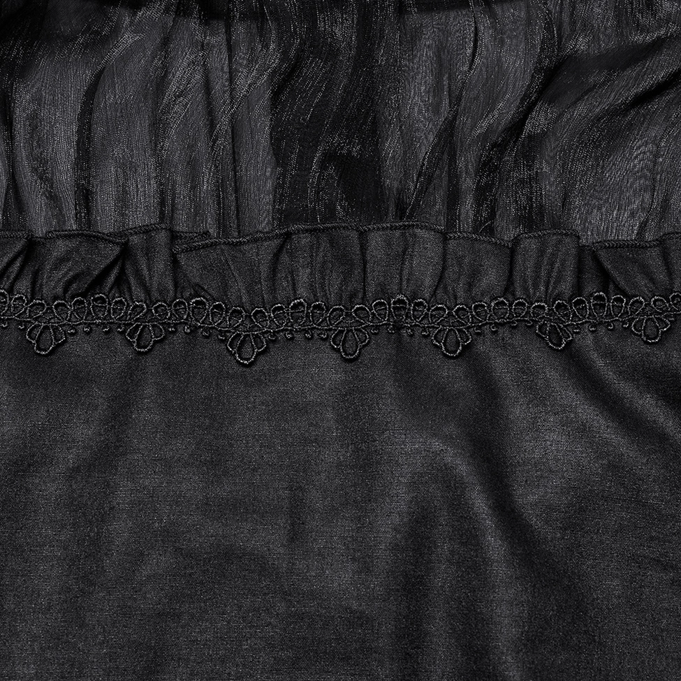 Off-shoulder black gothic blouse demonstrating elegant neckline and sheer sleeve construction