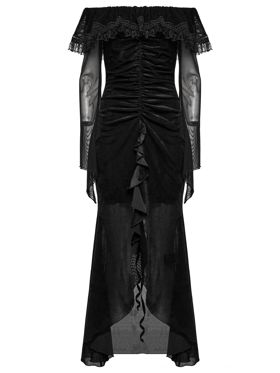Off-shoulder black velvet mesh gothic dress front product view with lace ruffle and sheer sleeves
