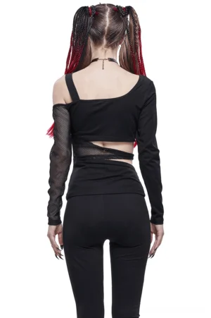 Black off-shoulder mesh splice top front angle view showing mesh long sleeve and decorative waist strap detail