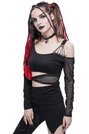Black off-shoulder mesh splice top front view with asymmetrical shoulder strap and waist mesh cutouts on model