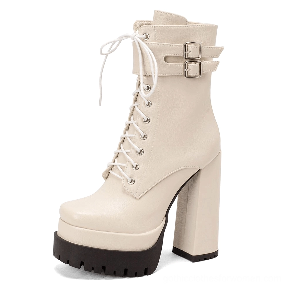Off-white gothic platform ankle boots with metal buckles and chunky platform sole
