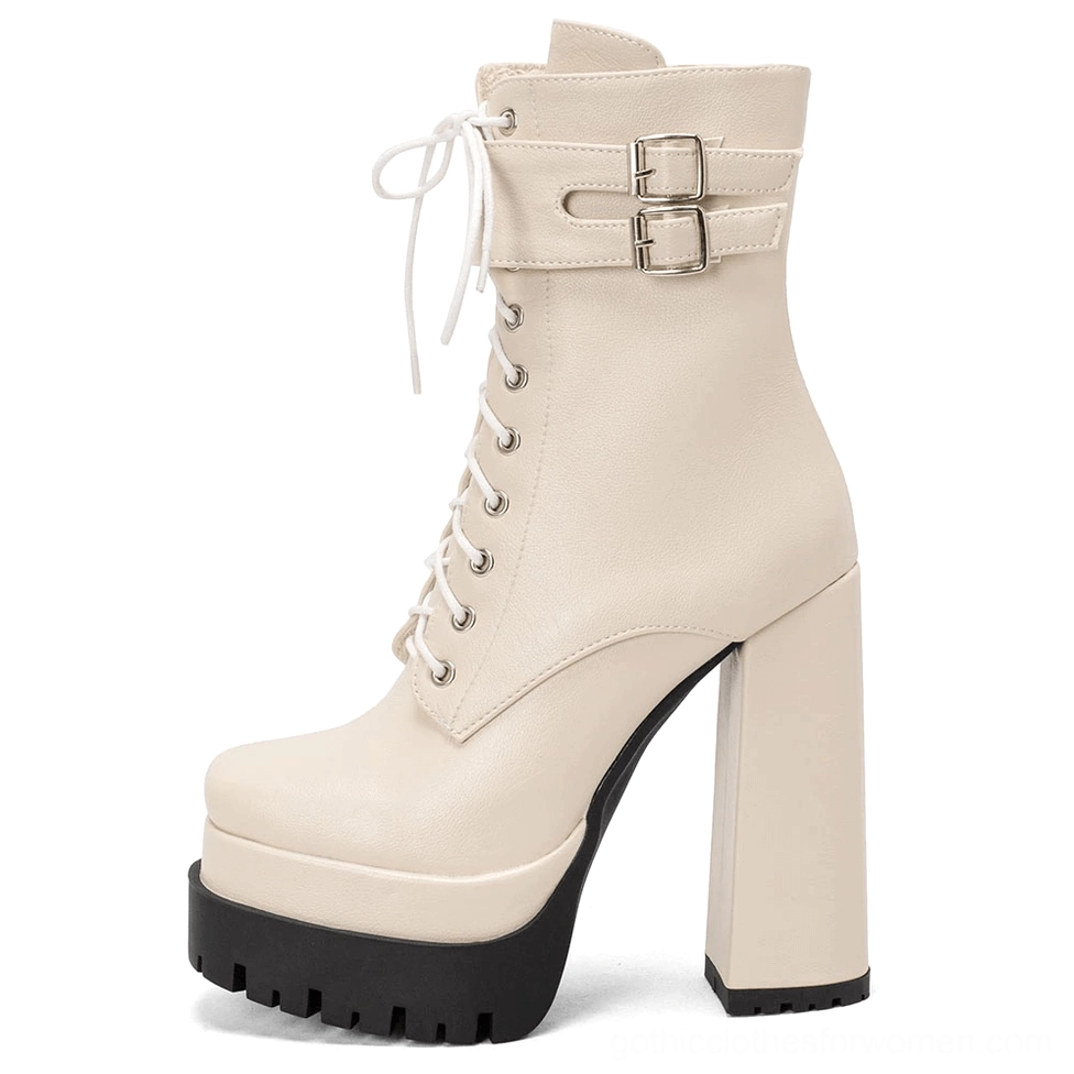Off-white gothic platform ankle boots profile showcasing super high block heel and buckle straps