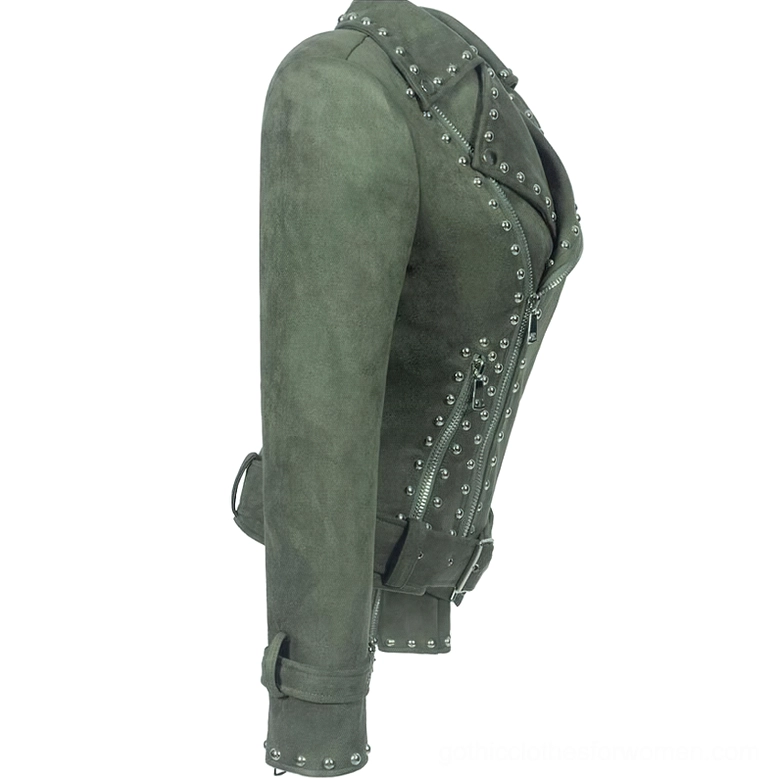 Olive suede gothic moto biker jacket side front view, displaying shoulder rivets and full-length zipper closure