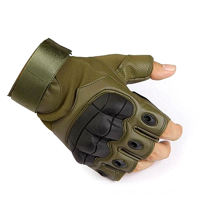 Two-tone olive green and black tactical half-finger gloves worn on mannequin, showing knuckle ventilation holes