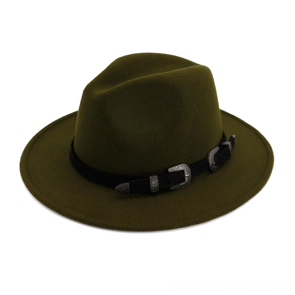 Olive green gothic fedora hat with army tone, soft felt fabric and vintage buckle belt