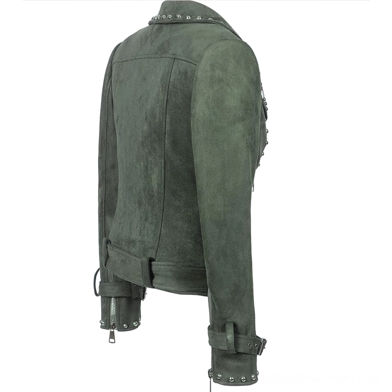 Olive green gothic moto jacket side-back product view, suede texture with adjustable cuff straps and rivets