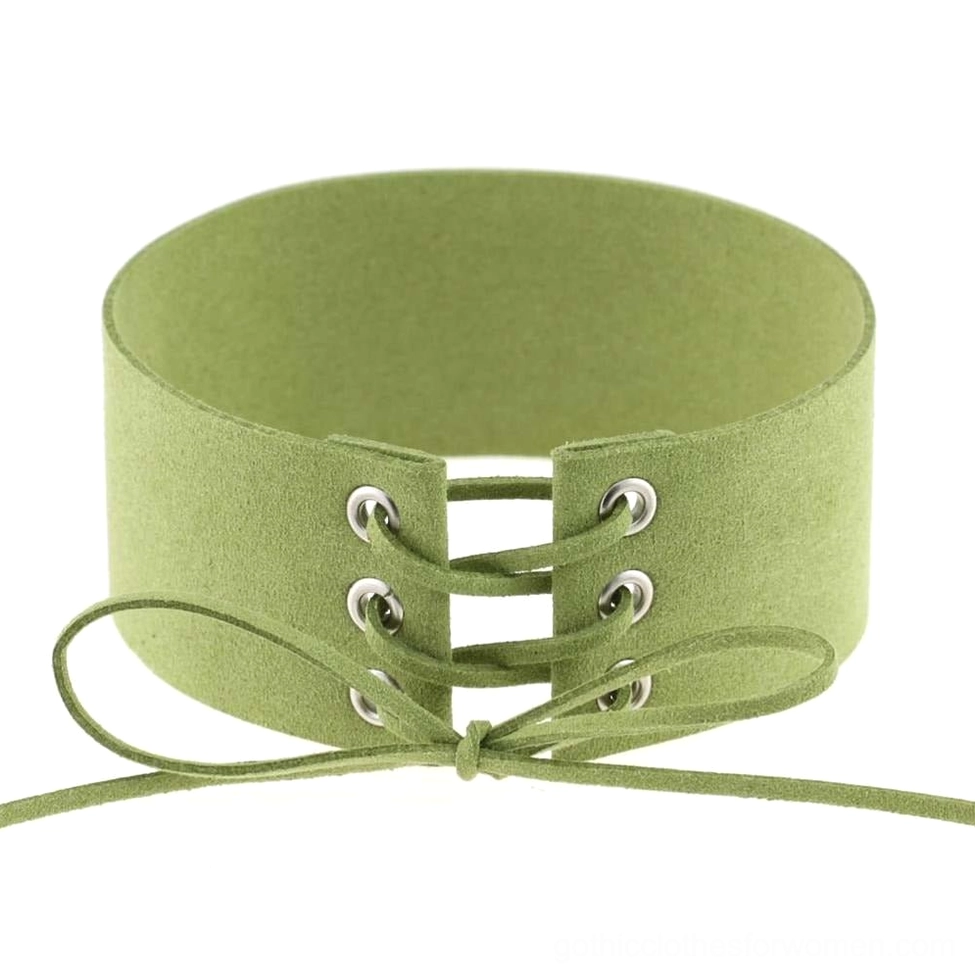 Olive green lace-up choker with tied bow design, gothic fashion accessory