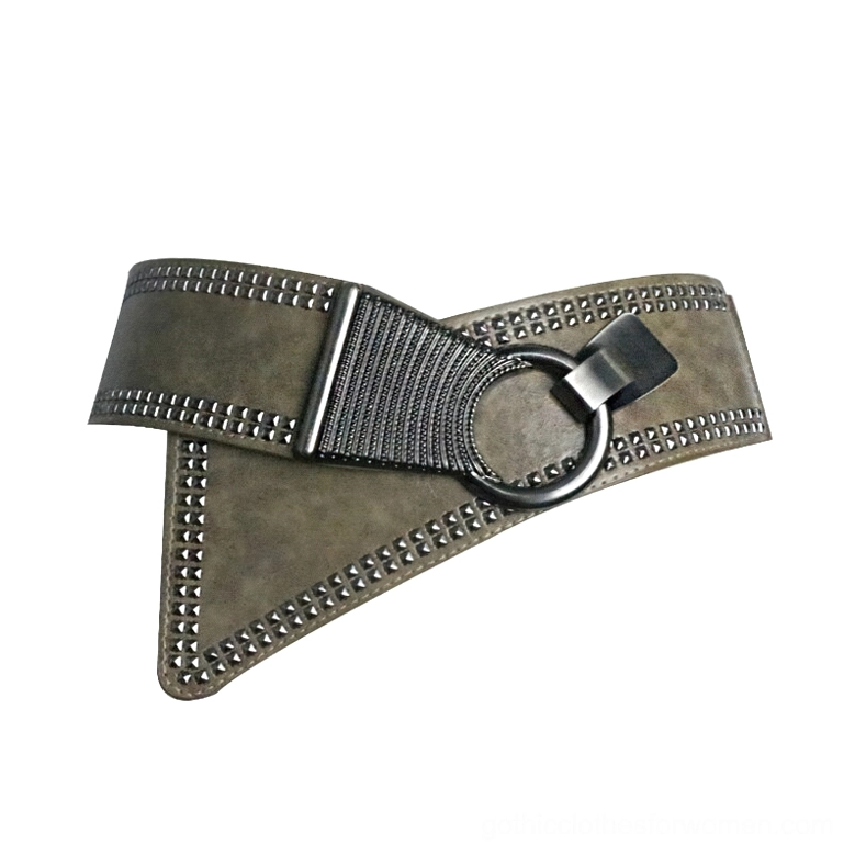 Olive green faux leather wide studded belt with silver buckle and ornamental riveted borders, flat lay presentation