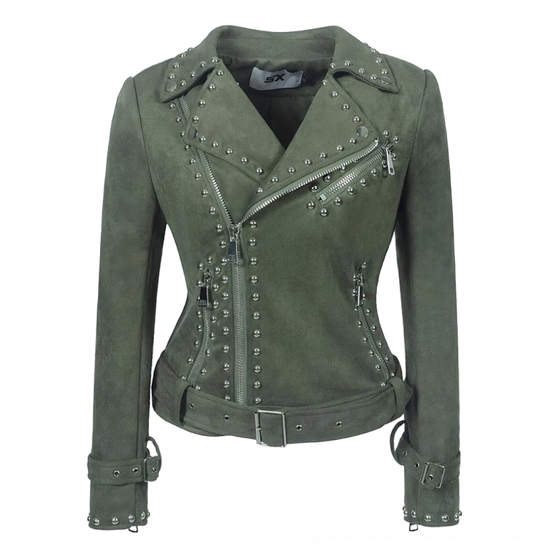 Olive green suede studded biker jacket with silver hardware and adjustable waist, gothic motorcycle jacket