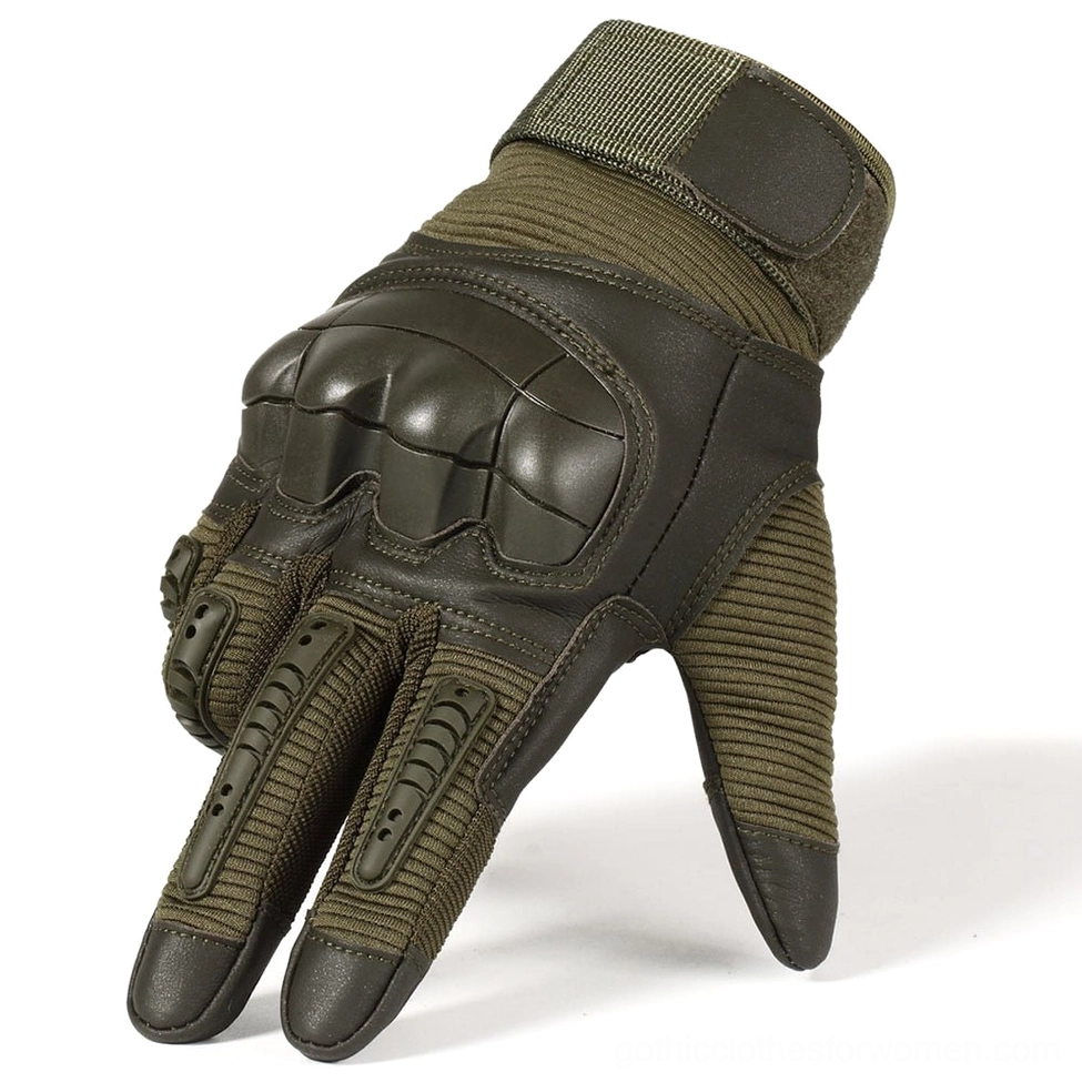 Olive green tactical half-finger combat gloves featuring PU leather knuckle protection and adjustable velcro wrist strap