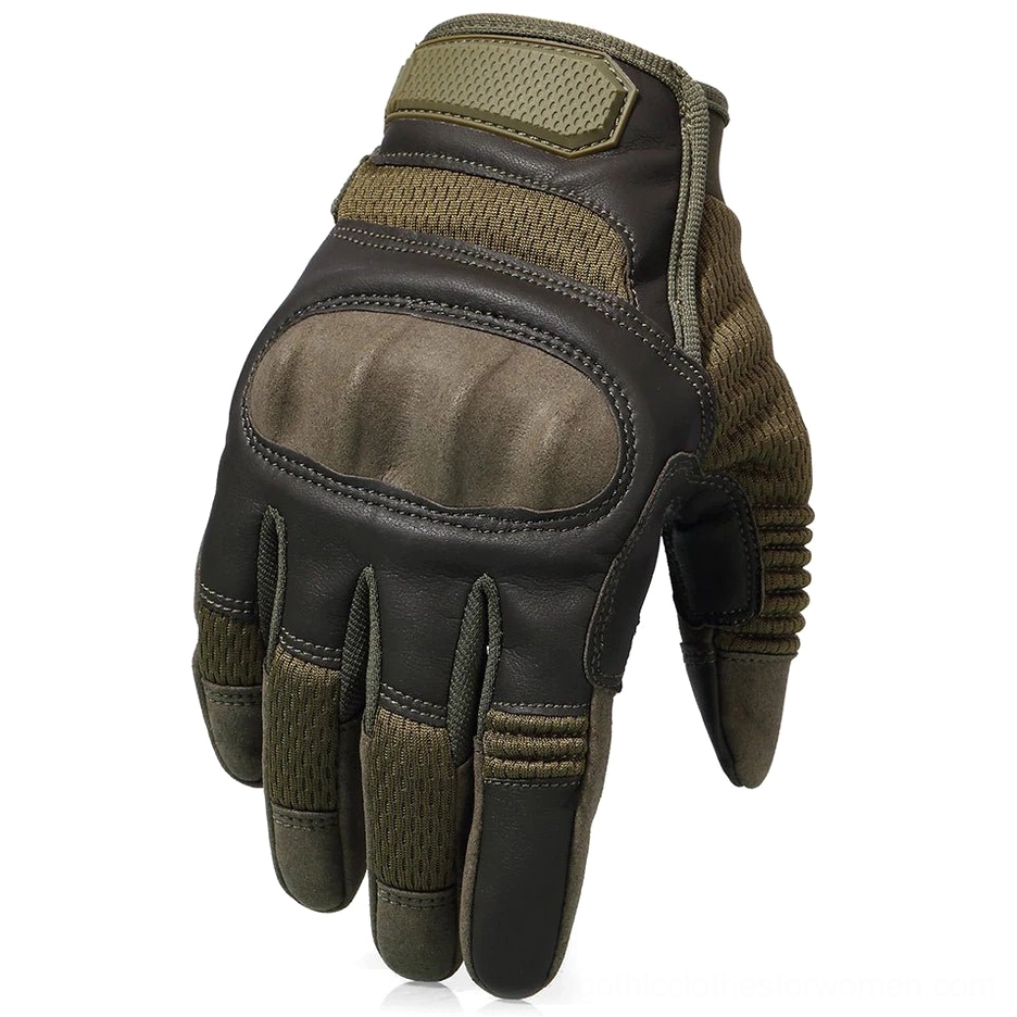Olive grey tactical outdoor gloves front view with knuckle protection pads and mesh panels