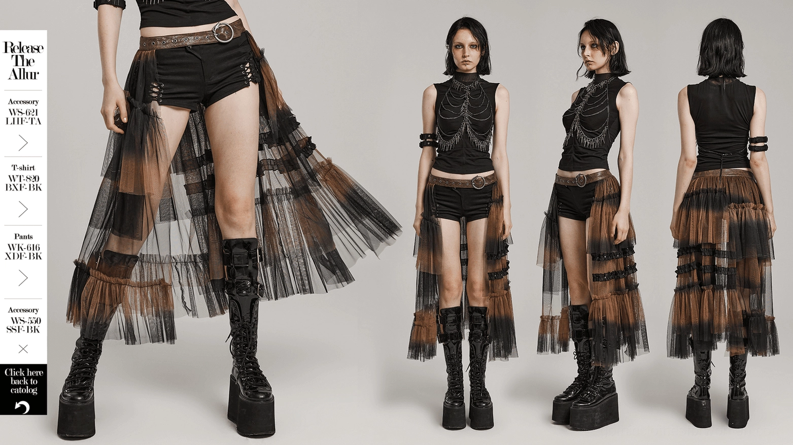 Black-brown ombre layered mesh half skirt on model, showcasing tulle layers, cascading ruffles, and cracked faux leather belt in studio white background