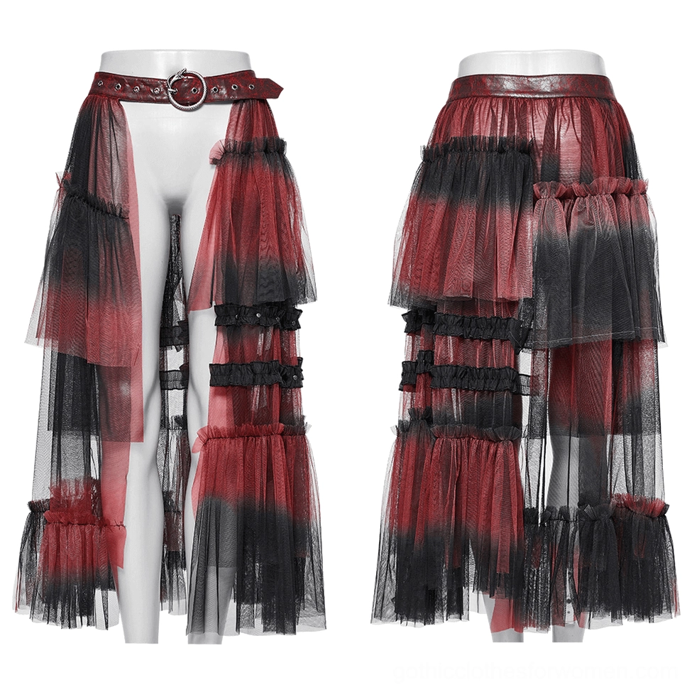 Burgundy gradient mesh gothic skirt on mannequin 3/4 front view with snake buckle belt detail