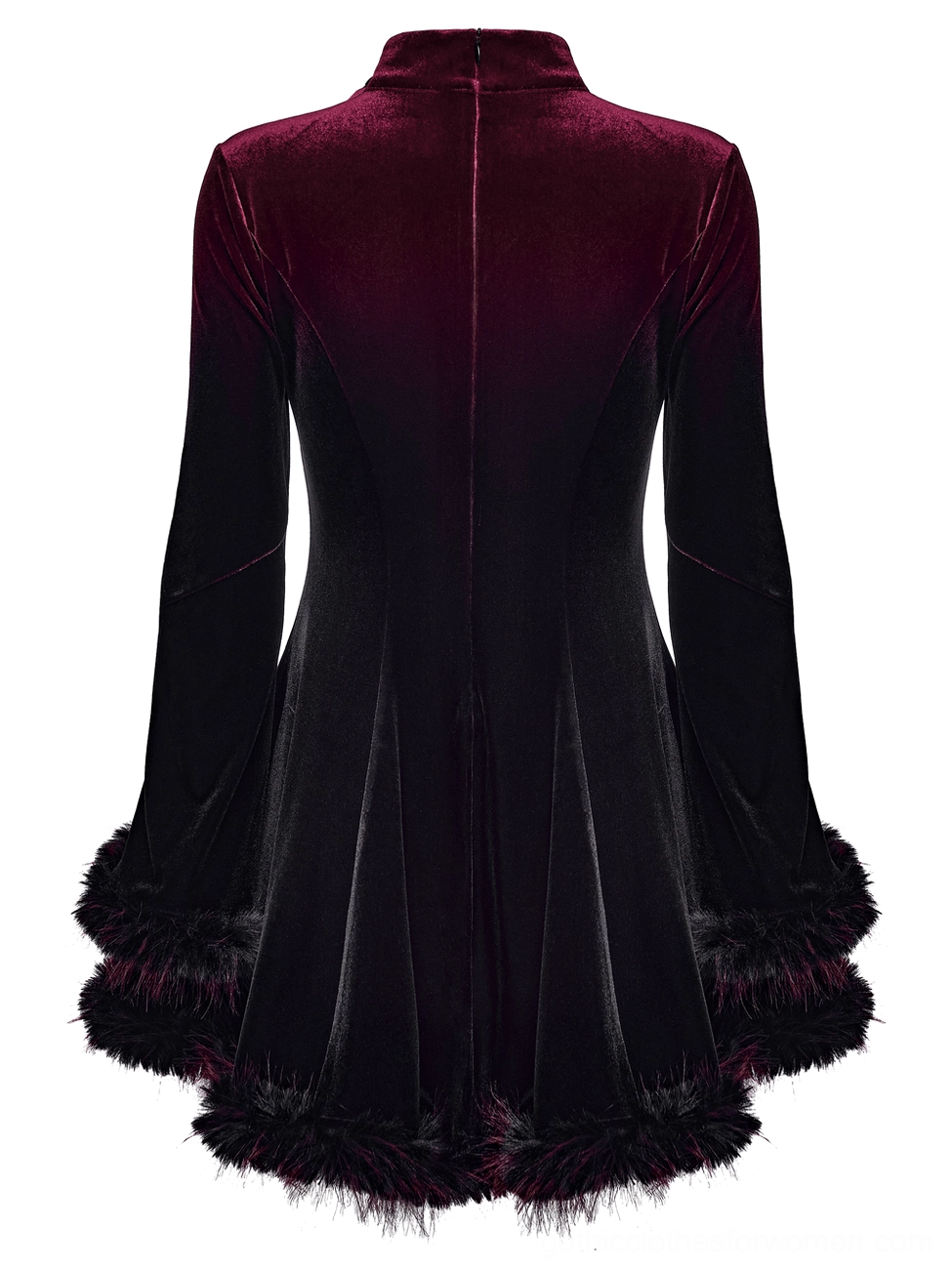 Burgundy black ombre velvet gothic dress back flat view seam details feather trim