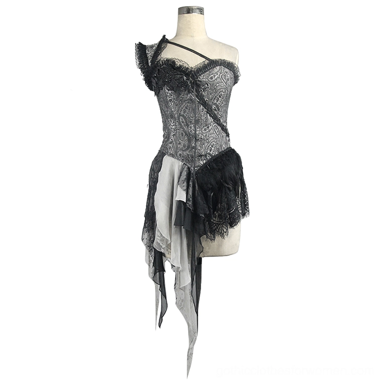 One-shoulder gothic corset on dress form mannequin front three-quarter view, lace neckline, ruffled asymmetric hem, black-grey paisley