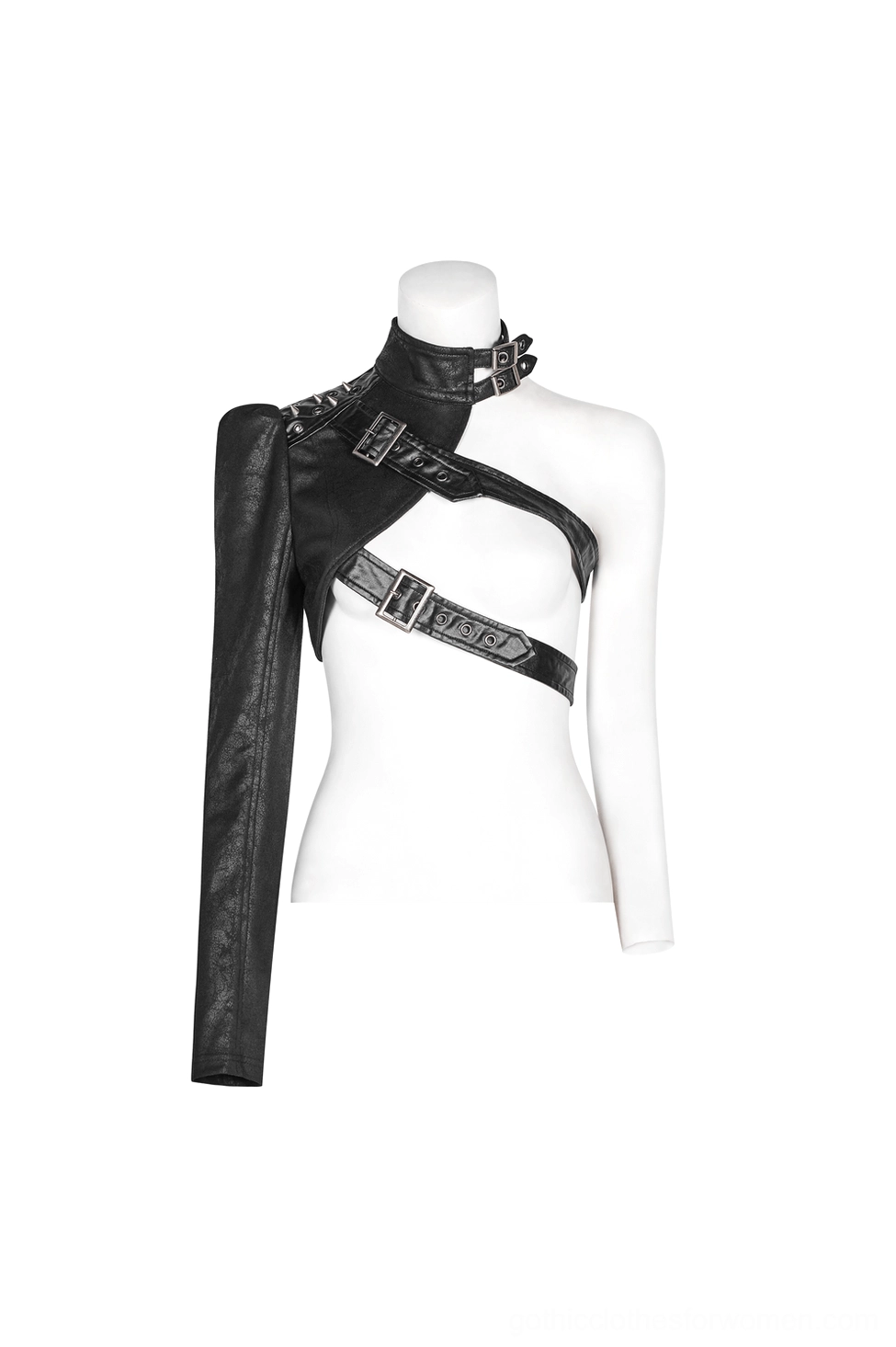 Black one-shoulder gothic jacket with buckle straps - mannequin front angle showing single sleeve design