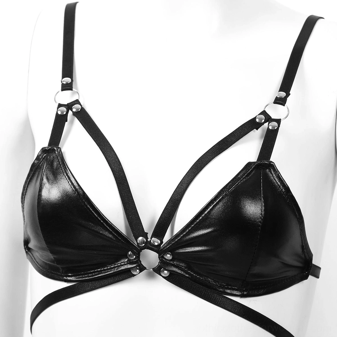 Black faux leather open cup bra top close-up display, featuring metal ring hardware, crisscross straps, and gothic design detail