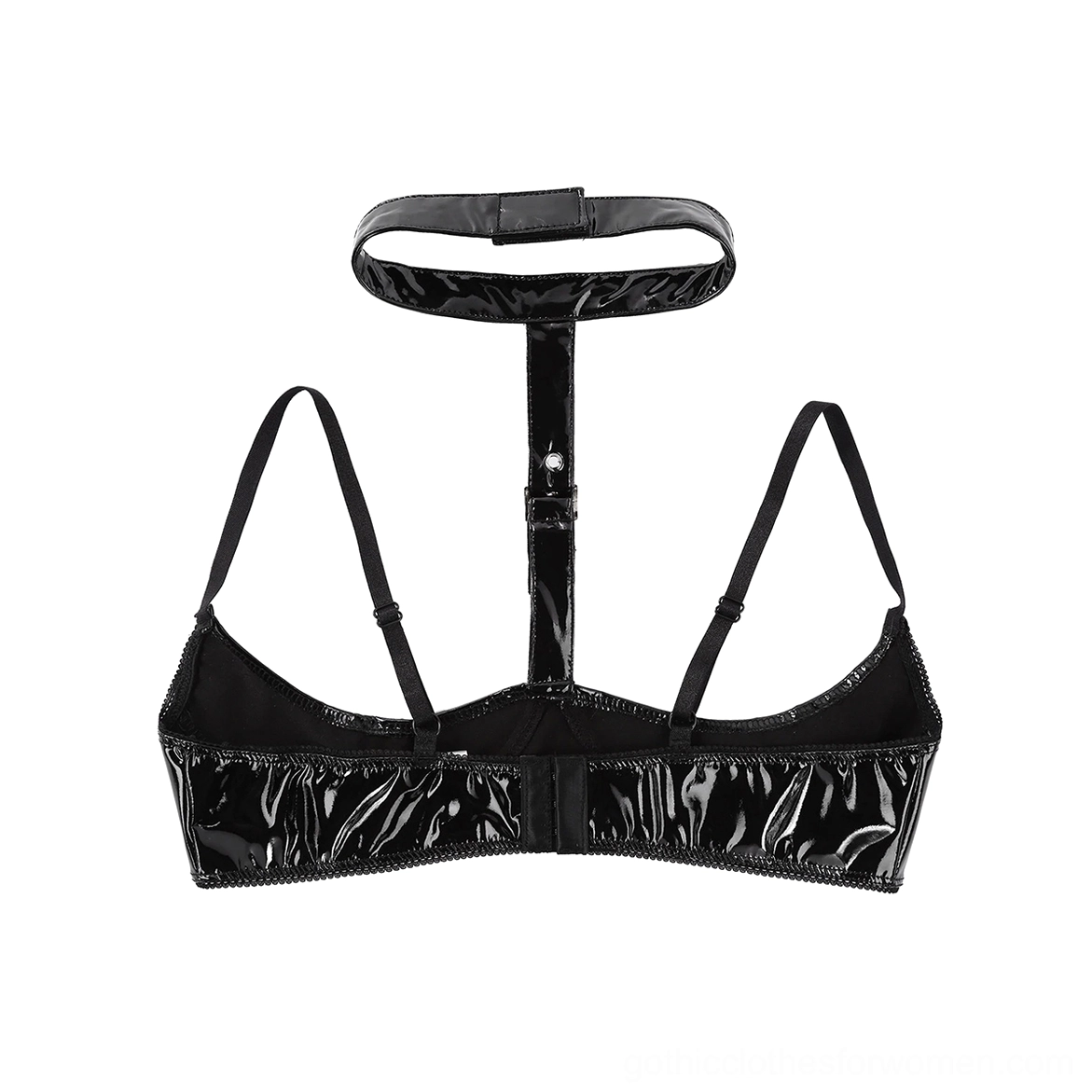 Erotic gothic halter bra rear alternative angle showing thin shoulder straps and back hook clasp