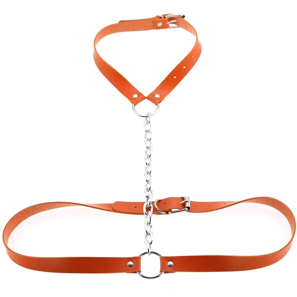 Orange vegan leather gothic body harness with metal hardware and adjustable buckles