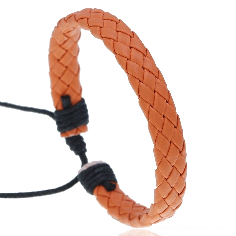 Orange solid braided leather gothic bracelet, handcrafted woven design with pull cord