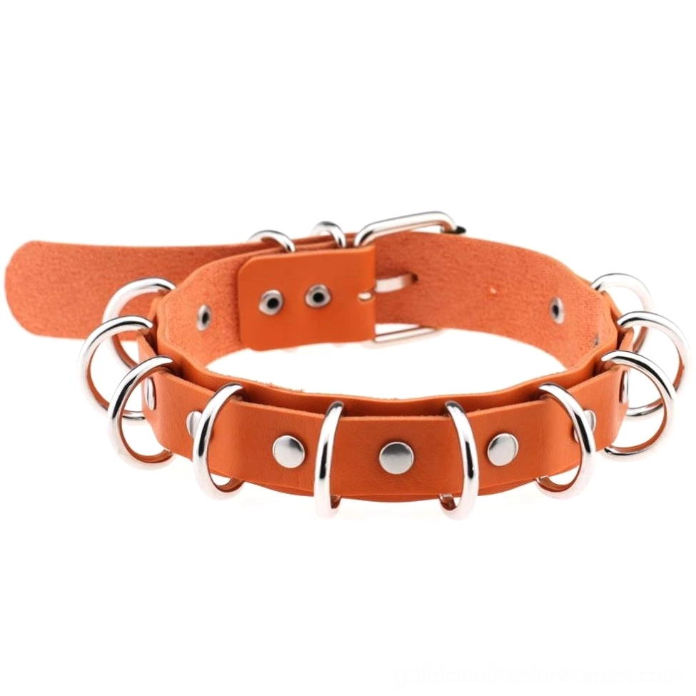 Orange PU leather choker with decorative metal rings, bold statement necklace