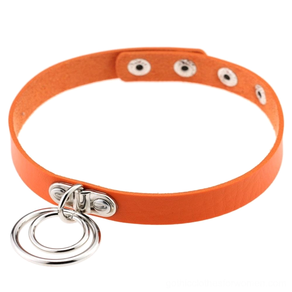 Orange adjustable PU leather gothic choker with metal ring accents for alternative fashion