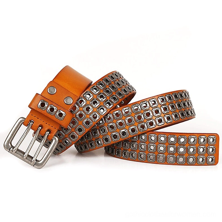 Orange studded leather gothic belt with single-prong silver buckle and square grommet pattern on white background