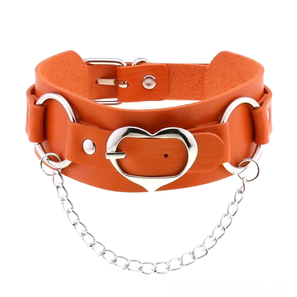 Orange PU leather heart choker featuring adjustable closure and silver metal chain accents