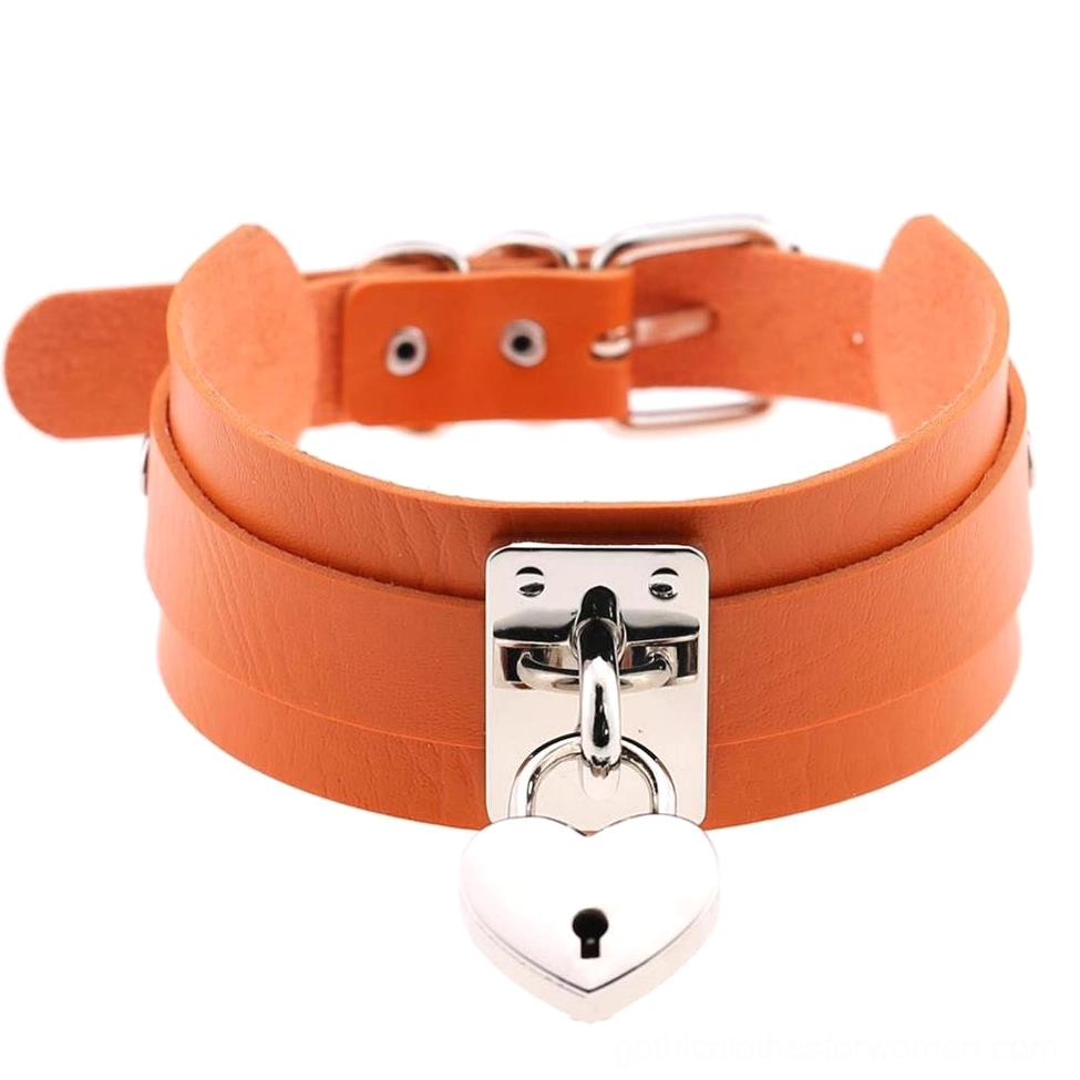 Orange gothic leather heart lock choker with silver hardware - vibrant alt-fashion color