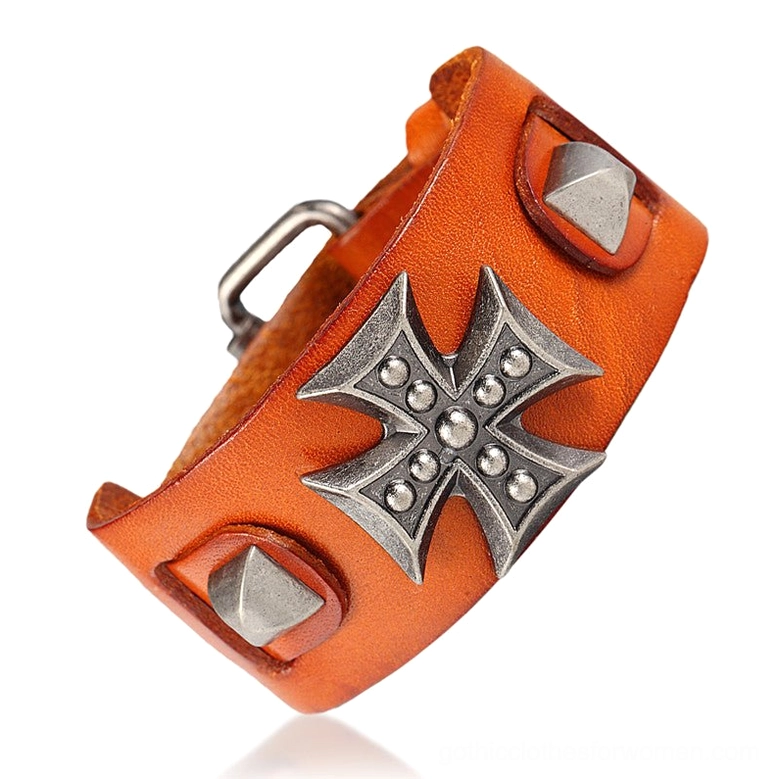 Burnt orange leather gothic biker bracelet with cone studs and metal cross ornament details