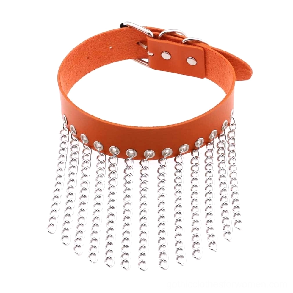 Orange leather choker with silver chain tassels bold alternative punk accessory