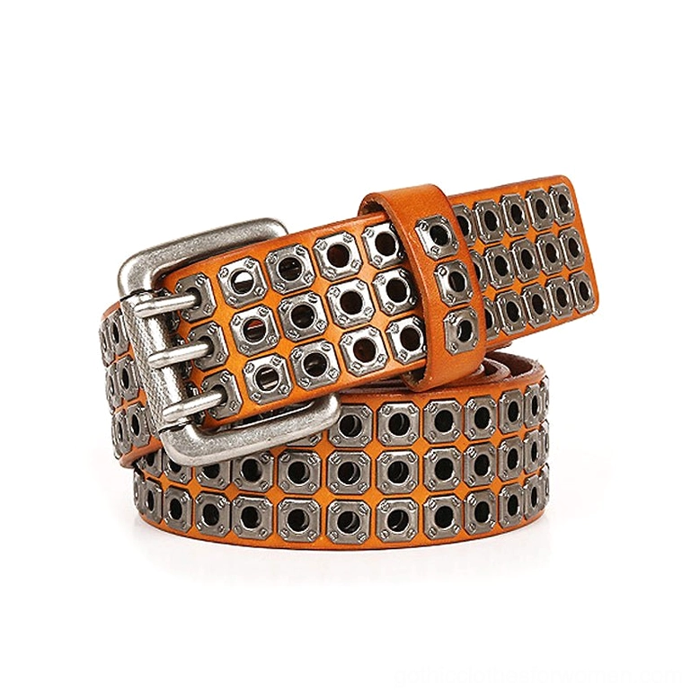 Tan orange leather gothic studded belt with heavy silver buckle and full square grommet coverage, front oblique display
