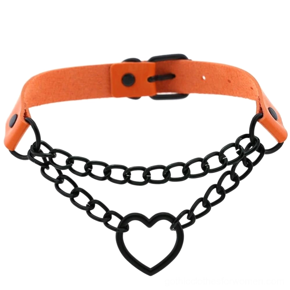 Orange PU leather heart choker with matte black chains and adjustable buckle for gothic style