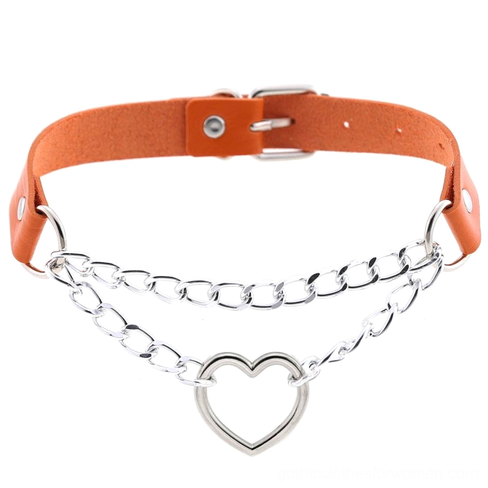 Orange leather heart choker with chains - gothic punk pendant jewelry