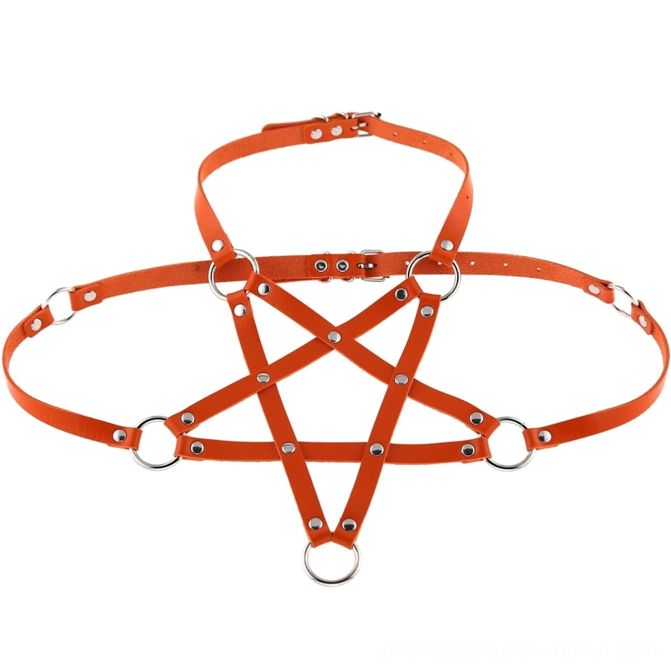 Orange PU leather pentagram body harness with silver metal rivets and geometric strap work statement piece