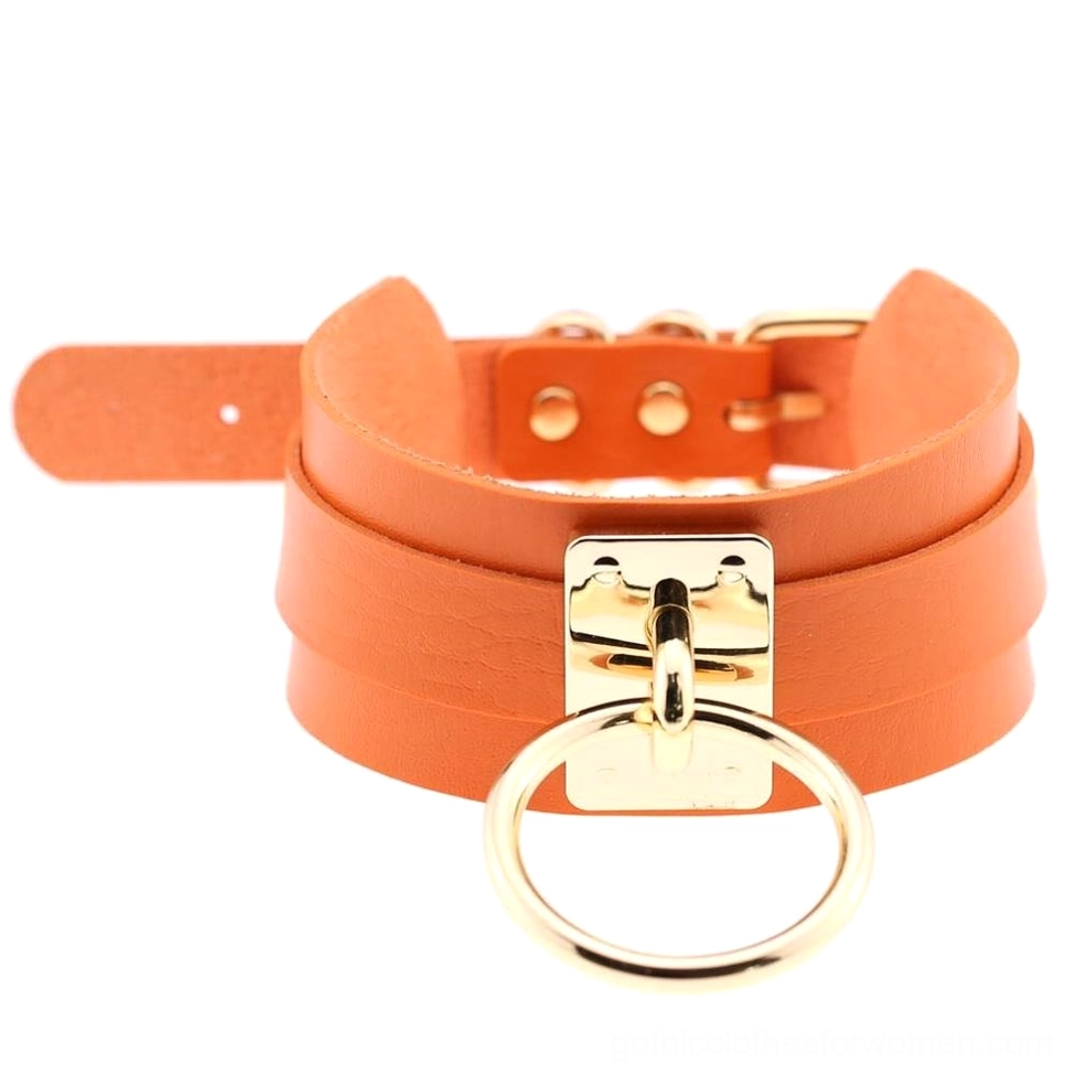 Orange PU leather double-layer bondage choker with gold metal ring and buckle, bold goth choker