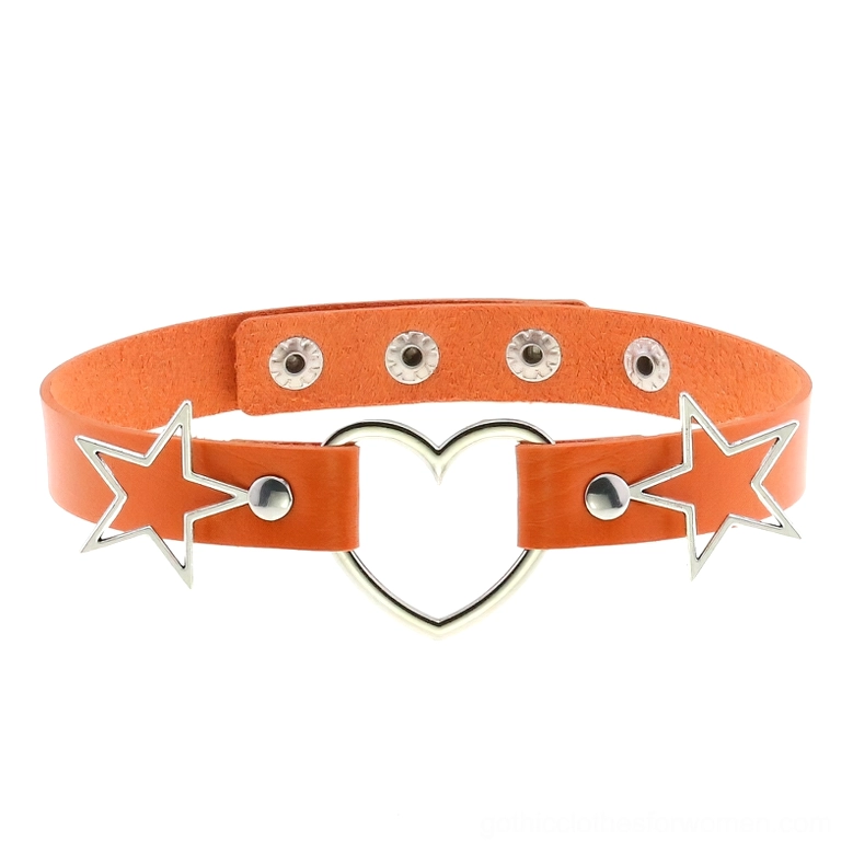 Orange PU leather gothic choker with heart pendant and hollow star accents, adjustable design, studio white background