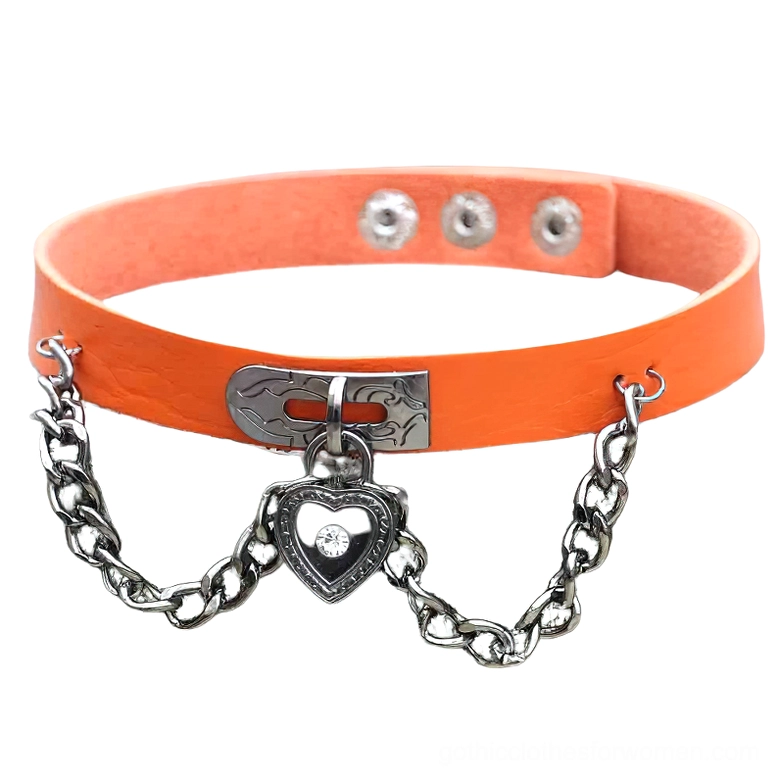 Orange PU leather gothic choker necklace with heart-shaped lock pendant and silver chain - product view