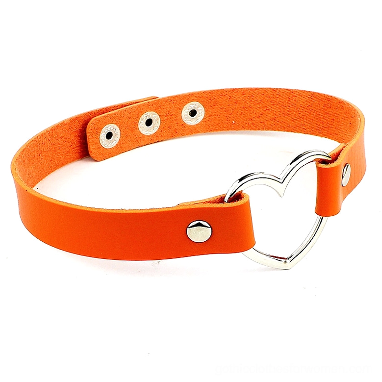 Orange PU leather heart choker necklace with zinc alloy heart detail on white background
