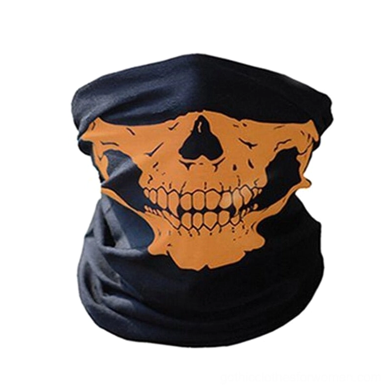 Orange skull gothic neck gaiter, bold orange skull pattern on black tube scarf display
