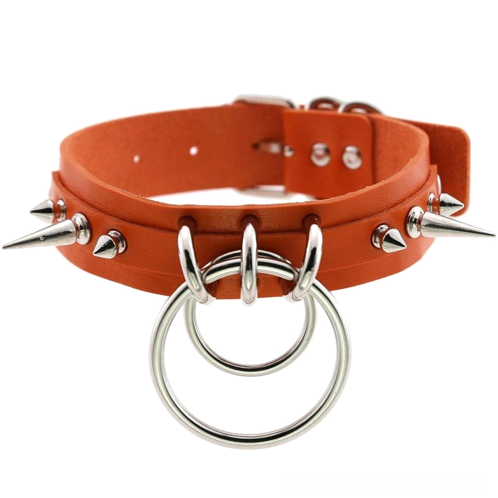 Orange spiked leather gothic choker with double O-rings, silver metal spike studs, and adjustable PU leather strap