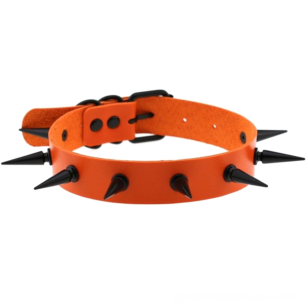 Orange spiked choker collar with black spike studs, adjustable fit, alternative subculture accessory