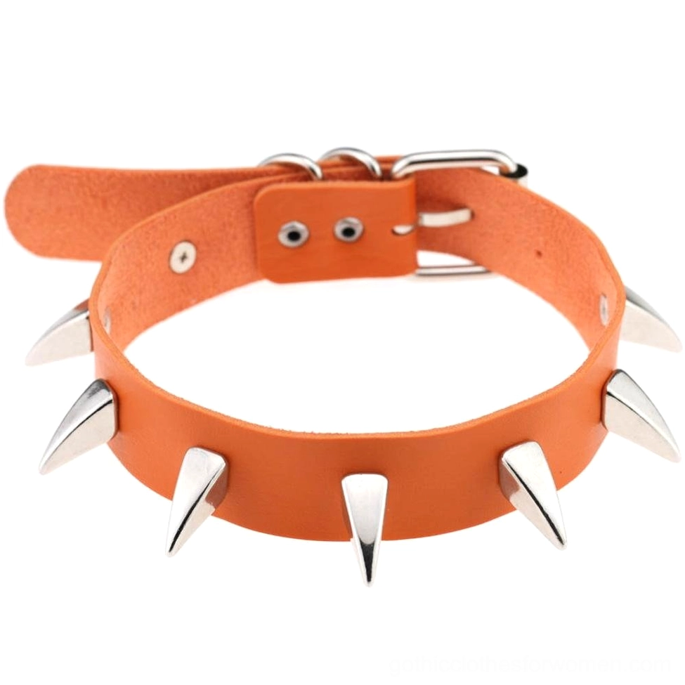 Orange spiked leather gothic choker with bright color and silver cone rivets, unisex punk style